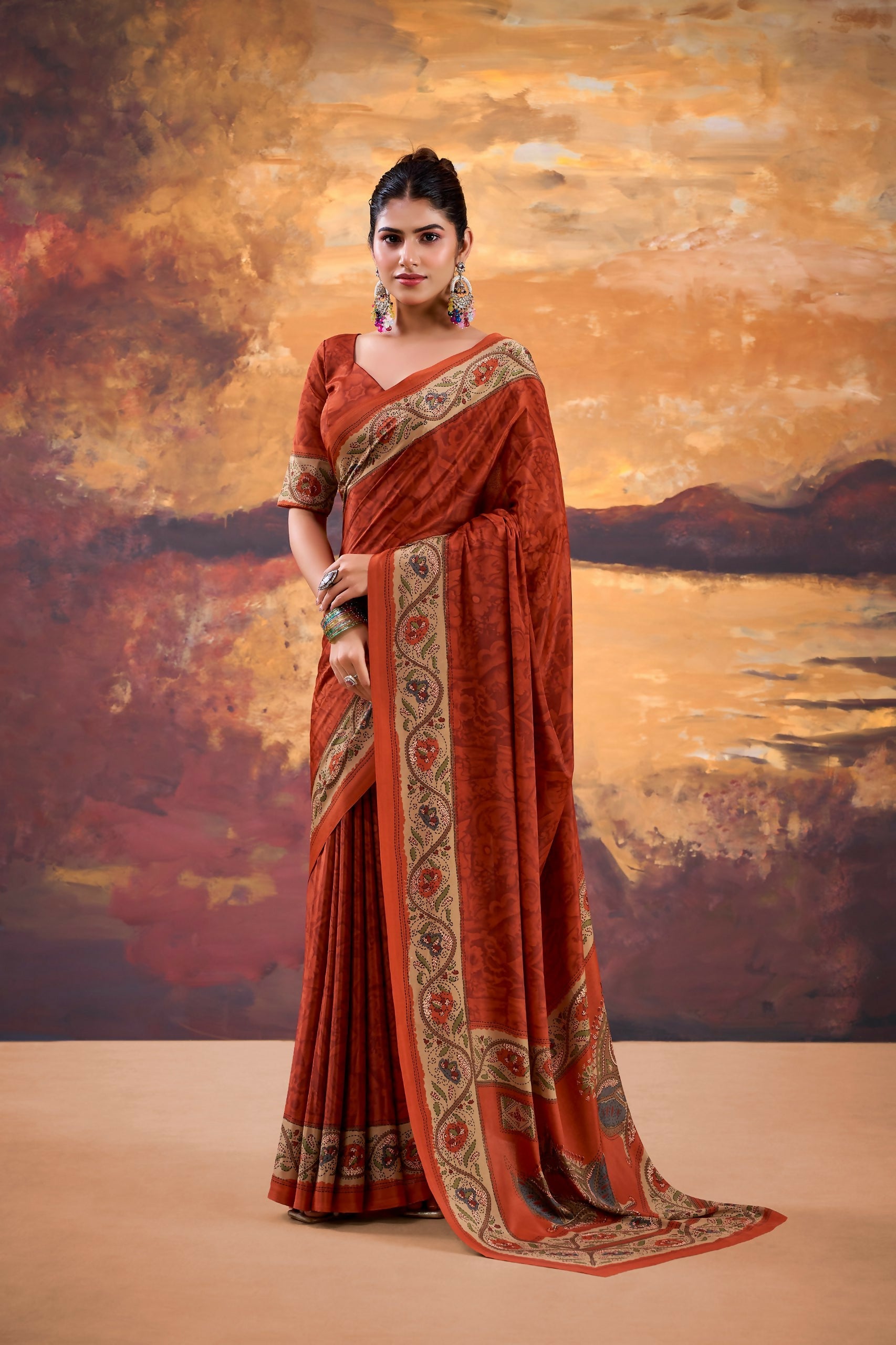 Vastranavya Orange Crepe Printed Saree with Unstitched Blouse | Grocsy