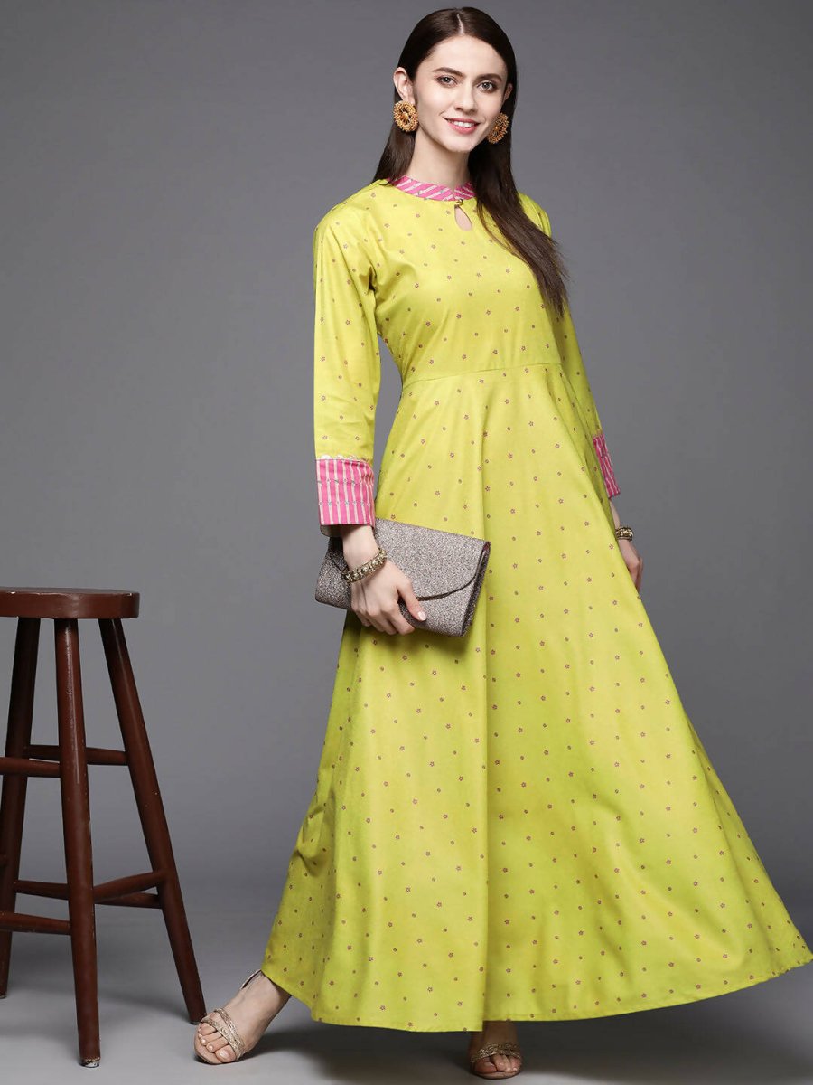 Ahalyaa Women Lime Yellow & Pink Printed Pleated A-Line Maxi Ethnic Dress | Grocsy