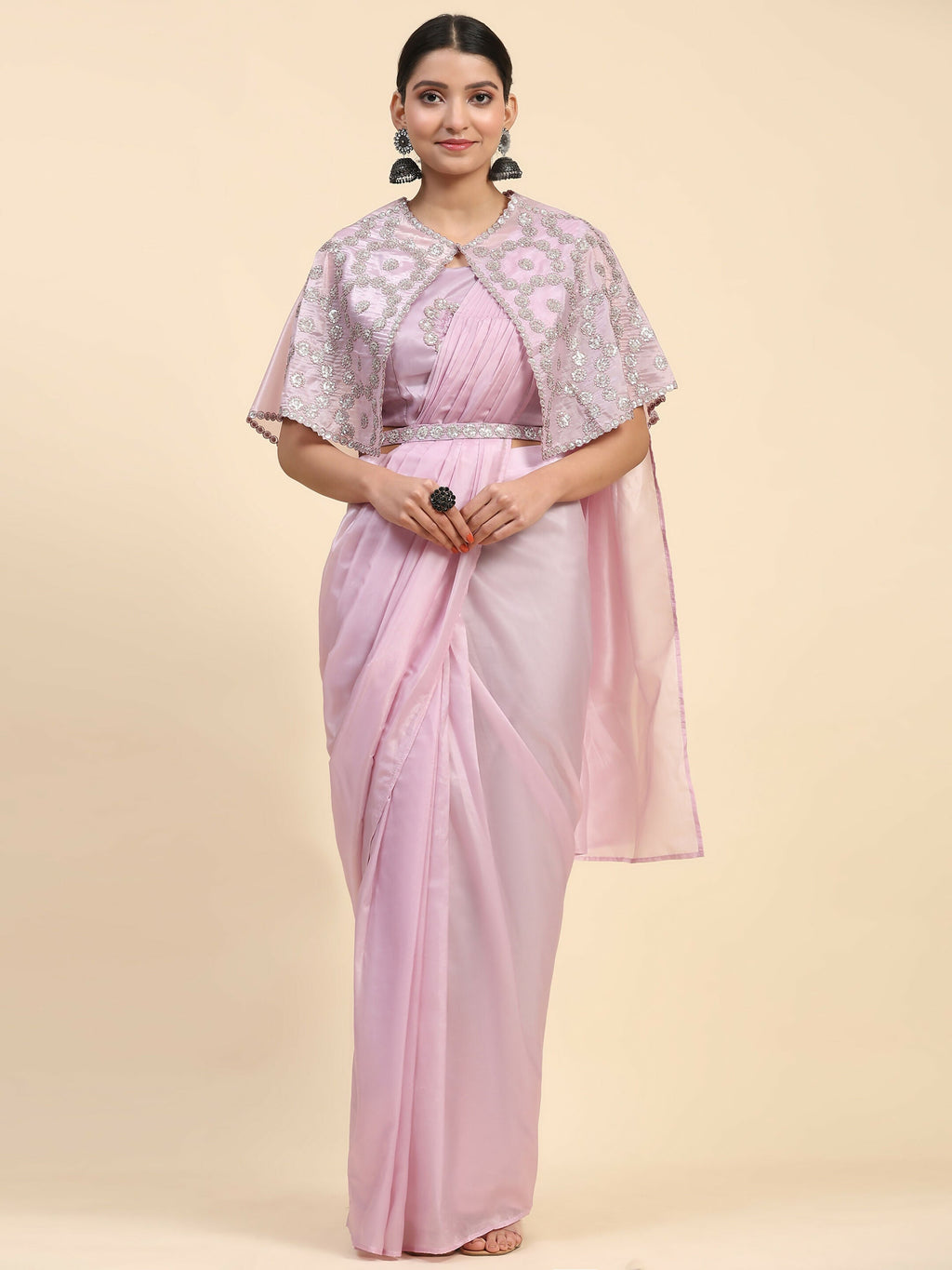Light Lavendar Satin Solid Ready to wear Saree with stitched Blouse - Vanita | Grocsy