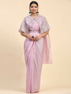 Light Lavendar Satin Solid Ready to wear Saree with stitched Blouse - Vanita | Grocsy