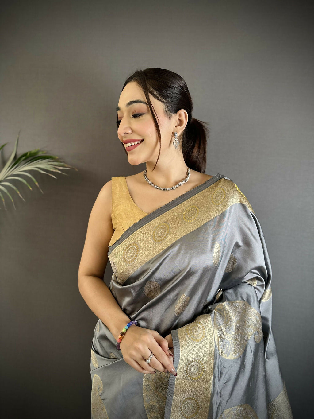 Joban Fashion Grey Paisley Soft Silk Banarasi Saree | Grocsy
