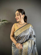 Joban Fashion Grey Paisley Soft Silk Banarasi Saree | Grocsy