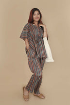 Breathables Women’S Loungewear Kaftan Cotton Aqua Blue Stripes Print Co-Ord Set | Grocsy