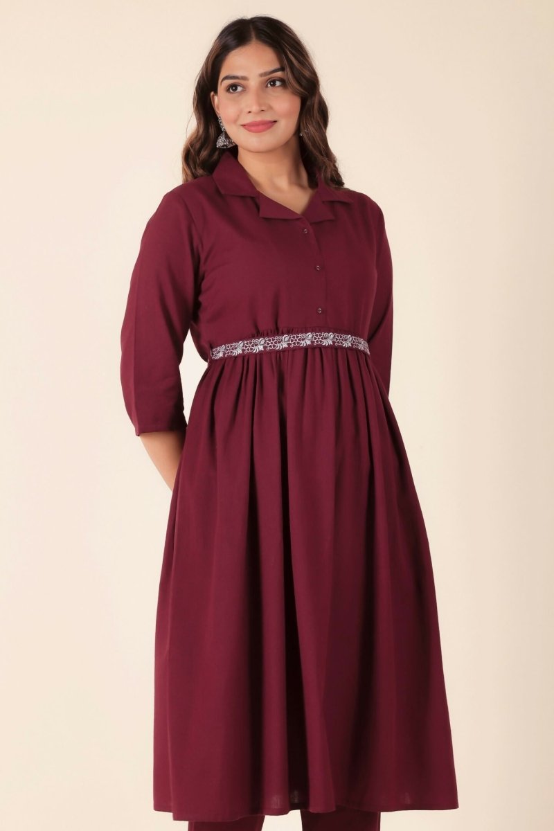 Aramya Maroon Linen Cotton Solid A-line Kurta for Women | Grocsy