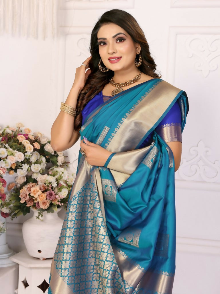 Anaita Blue Soft Silk With Zari Weaving Borders Saree With Blouse | Grocsy