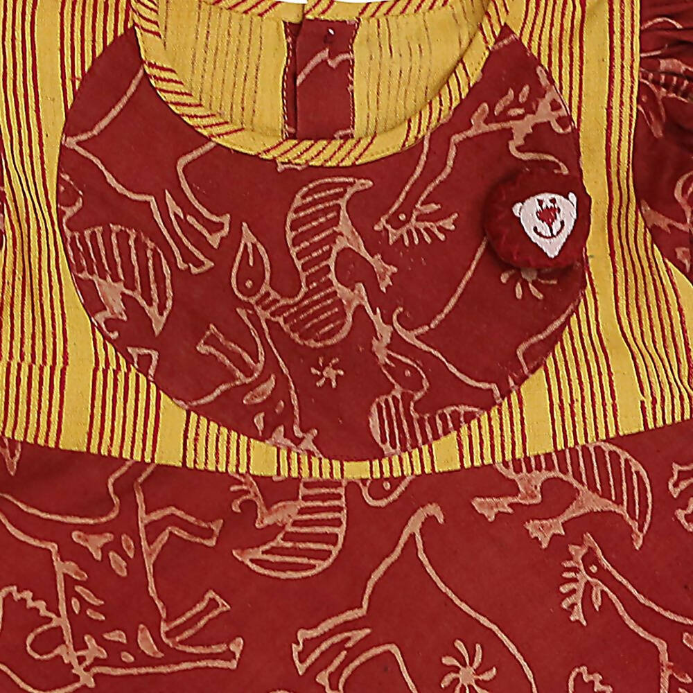 Mhyssa Gathered Sleeves Red Kurta With Full Length Yellow Palazzo Set For Kids | Grocsy