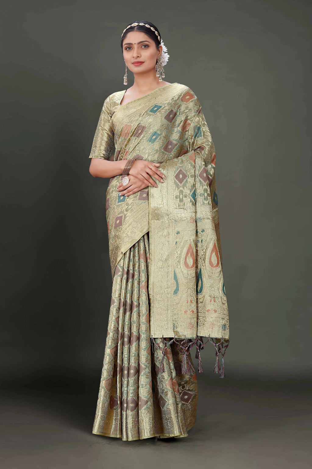 Grey Soft Organza Woven Design Saree With Unstitched Blouse Piece - Zaara | Grocsy