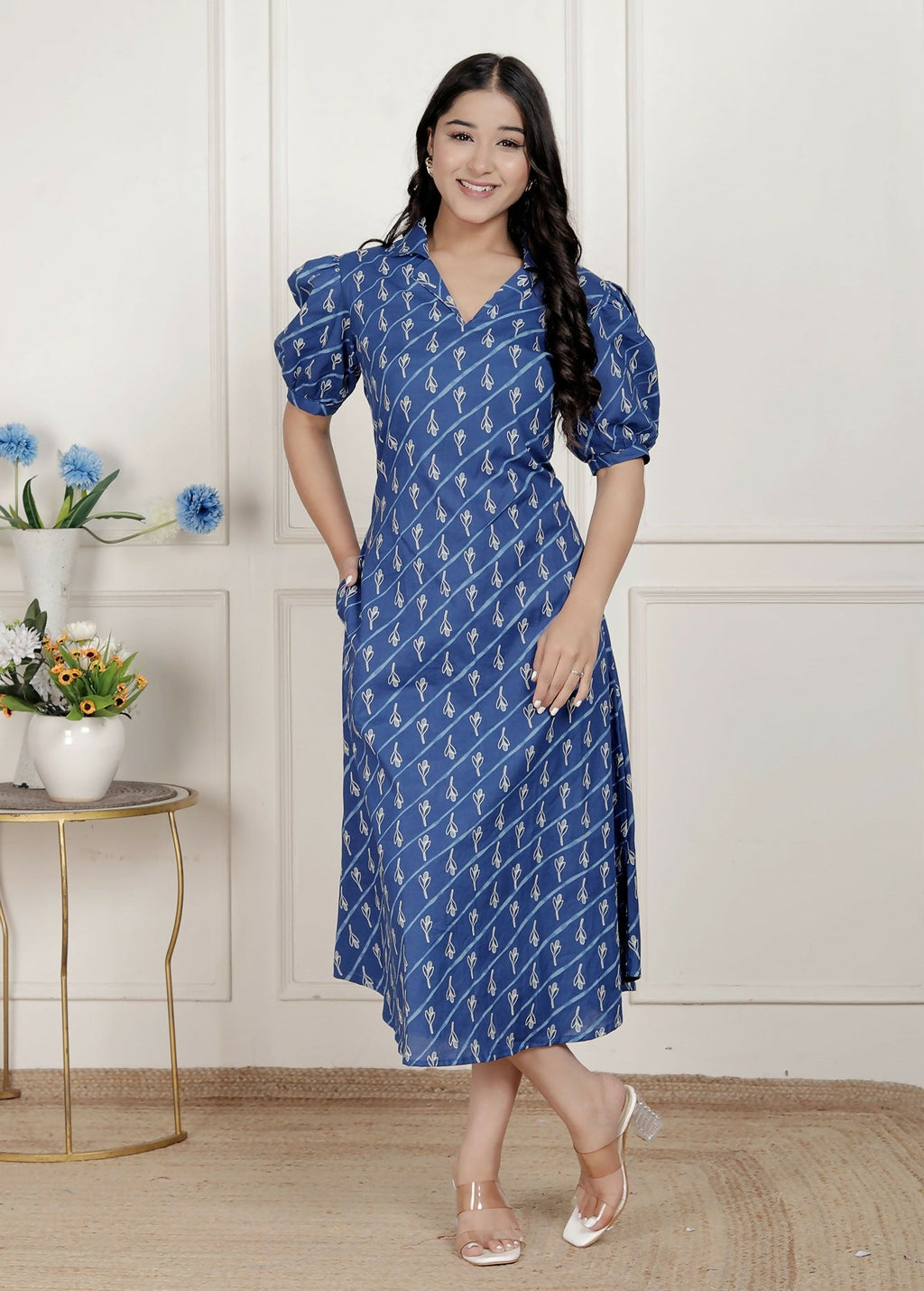 Miravan Womens Floral Print Blue Collar-Neck Puff Sleeves A-Line Maxi Dress | Grocsy