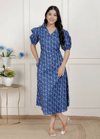 Miravan Womens Floral Print Blue Collar-Neck Puff Sleeves A-Line Maxi Dress | Grocsy