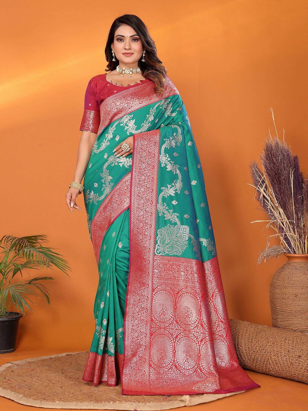 Joban Fashion Banarasi Pine Green Woven Soft Silk Saree | Grocsy