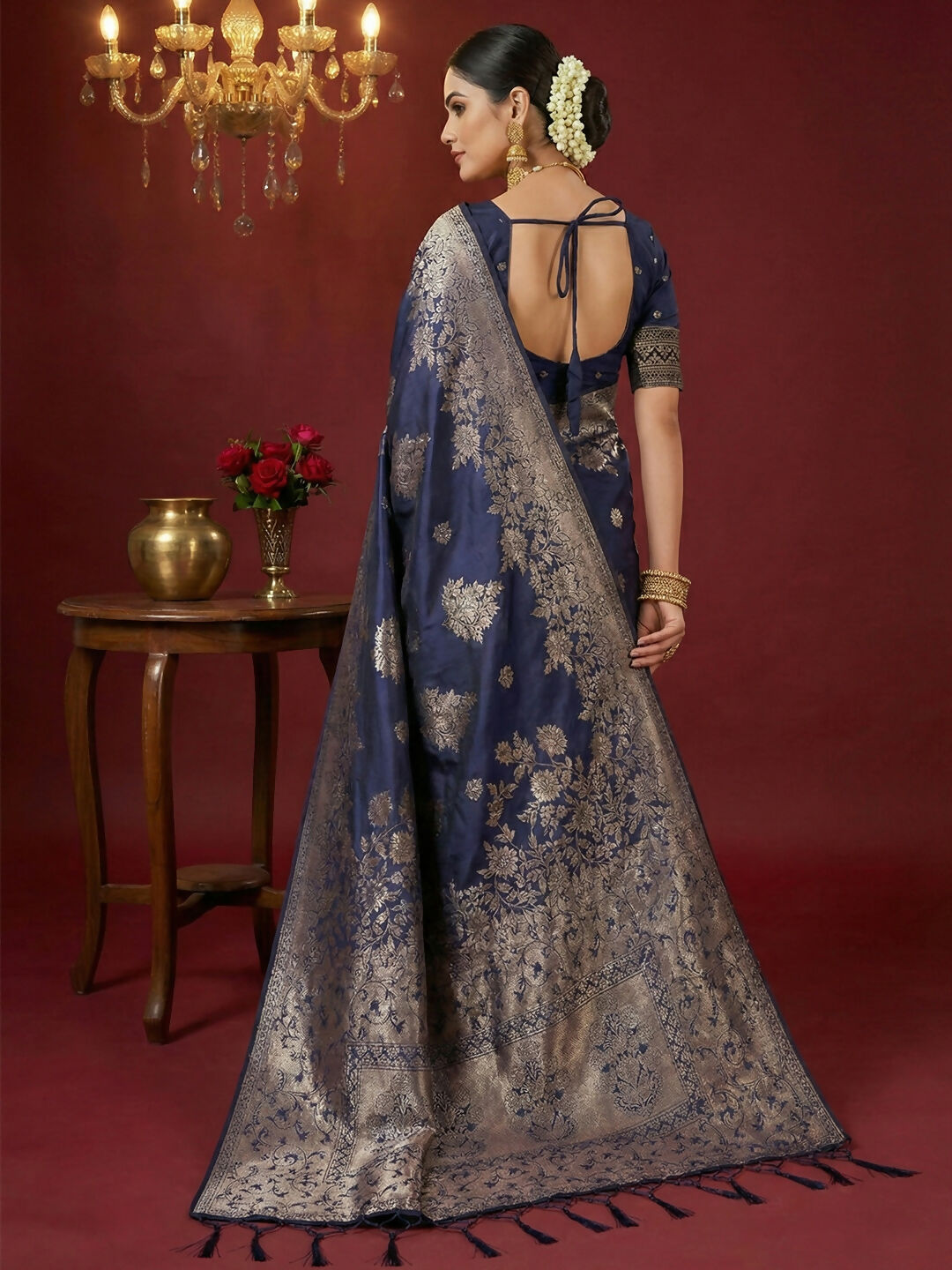 Shree Shyam Fashion Navy Blue Silk Blend Saree | Grocsy