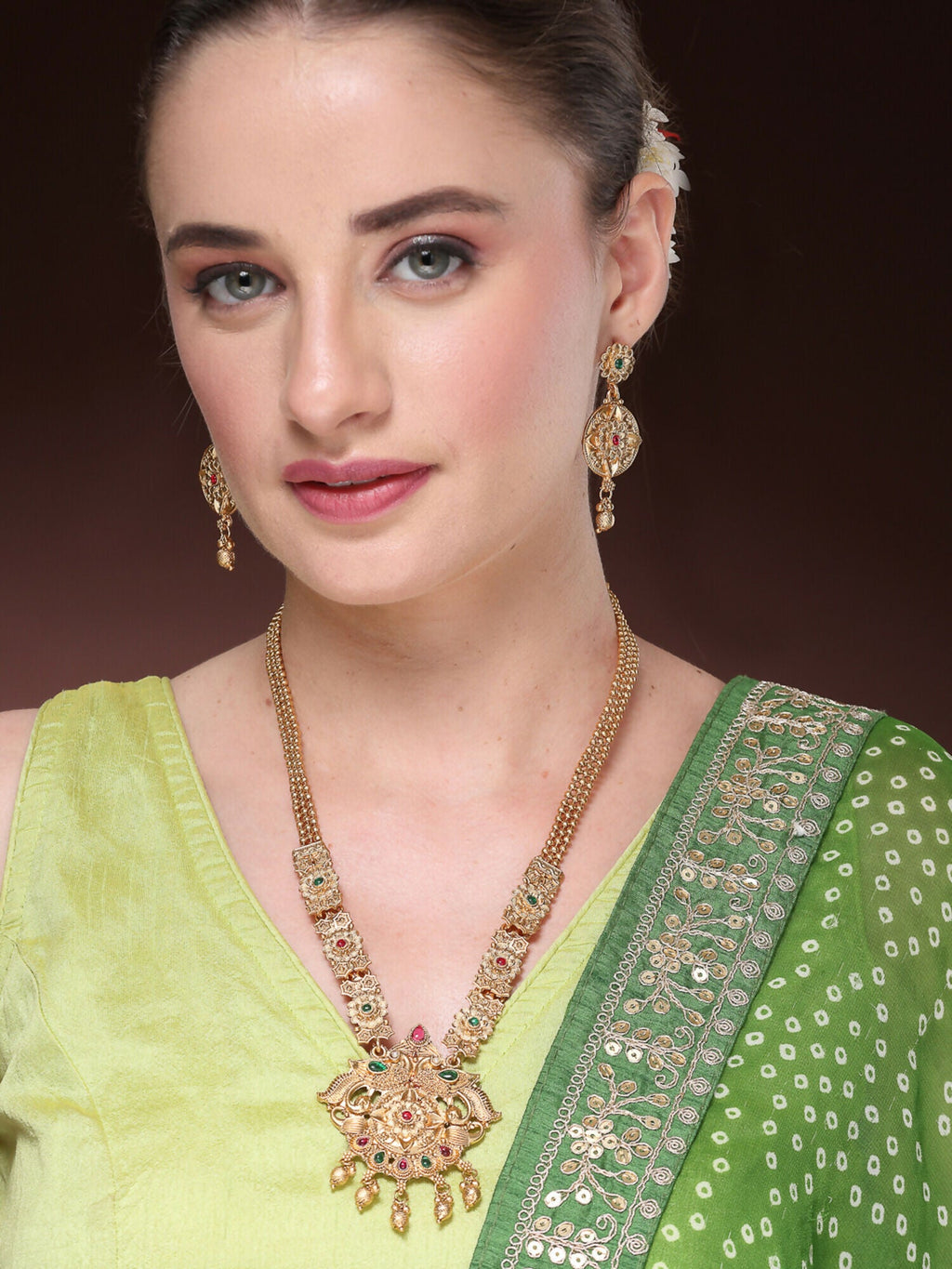 NVR Women's Gold-Polished Pink & Green Stone-Studded Peacock Design Temple Jewellery Set | Grocsy