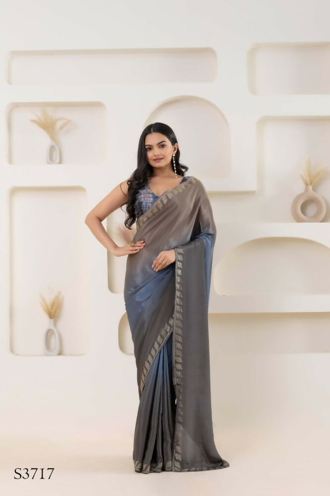 Grey Satin Pedding Designer, Printed Party Wear Ready To Wear Saree - Femina | Grocsy