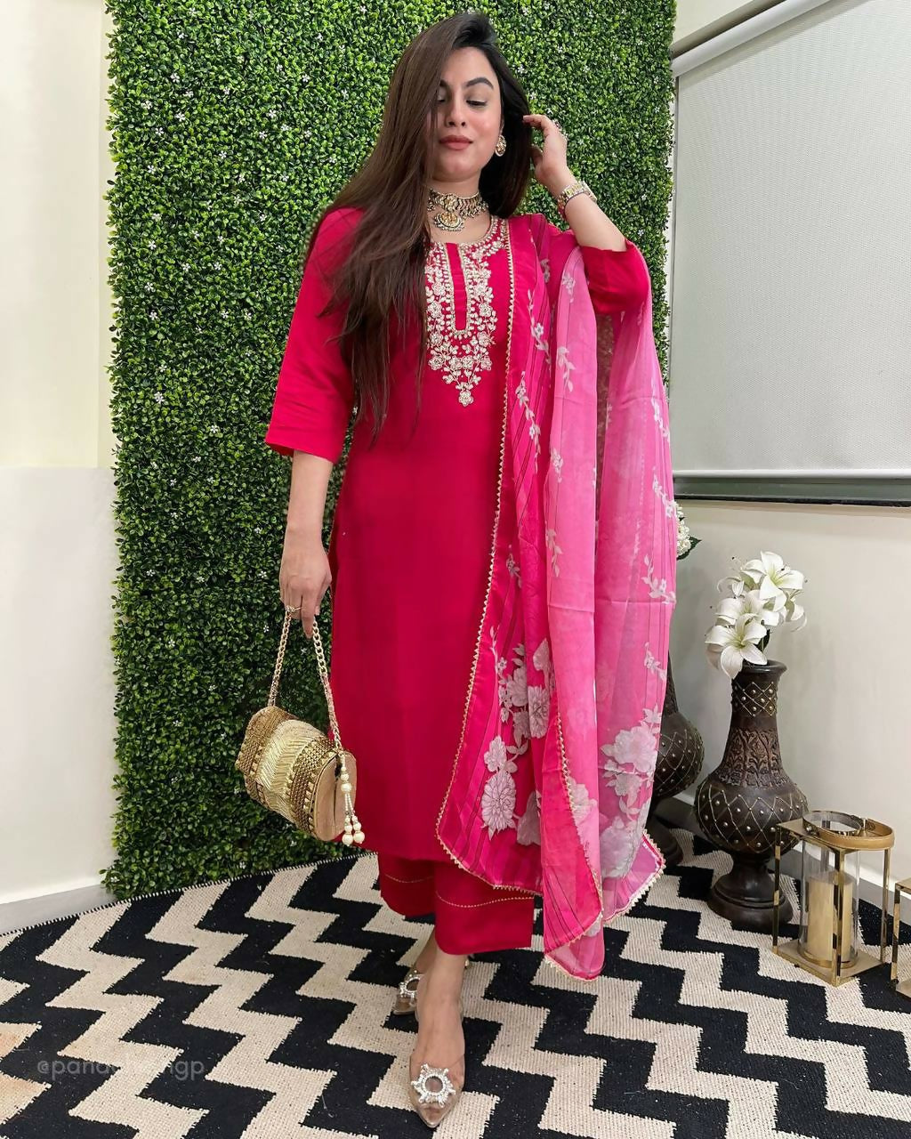 The52 Rani Women's Beautiful Viscose Chanderi Fabric Embroidered Work Straight Kurta Pant and Dupatta Set | Grocsy