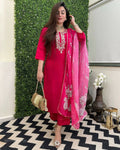 The52 Rani Women's Beautiful Viscose Chanderi Fabric Embroidered Work Straight Kurta Pant and Dupatta Set | Grocsy