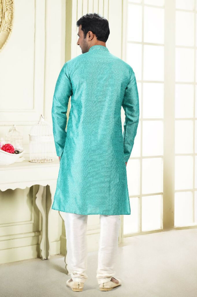 Raivat Ethnic Jacquard Banarasi Silk Thread Work Kurta Pajama In Teal Green Colour | Grocsy