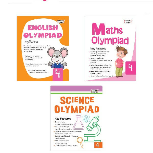 Scholars Insights Olympiad English, Maths and Science Workbooks Grade 4| Set of 3| Ages 9 - 11 Year | Grocsy