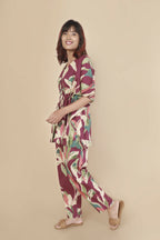 Breathables Women’S Loungewear Kaftan Cotton Wine Abstract Print Co-Ord Set | Grocsy