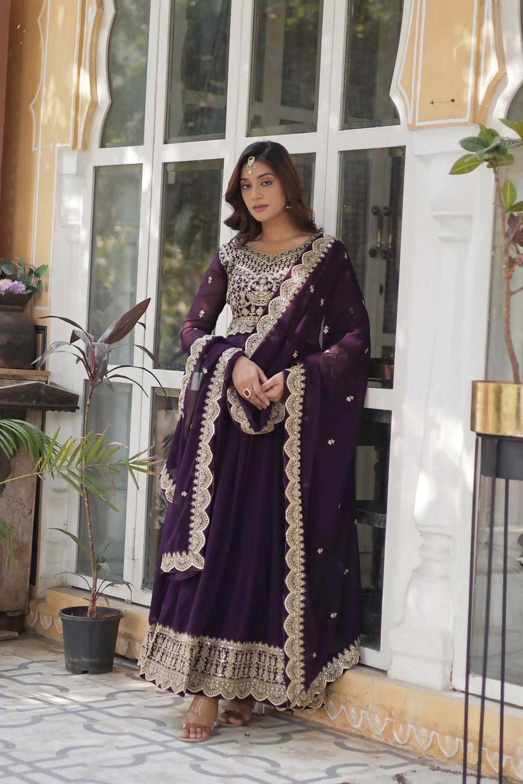 Joban Fashion Wine Georgette Sequence Embroidery Work Kurta Set | Grocsy