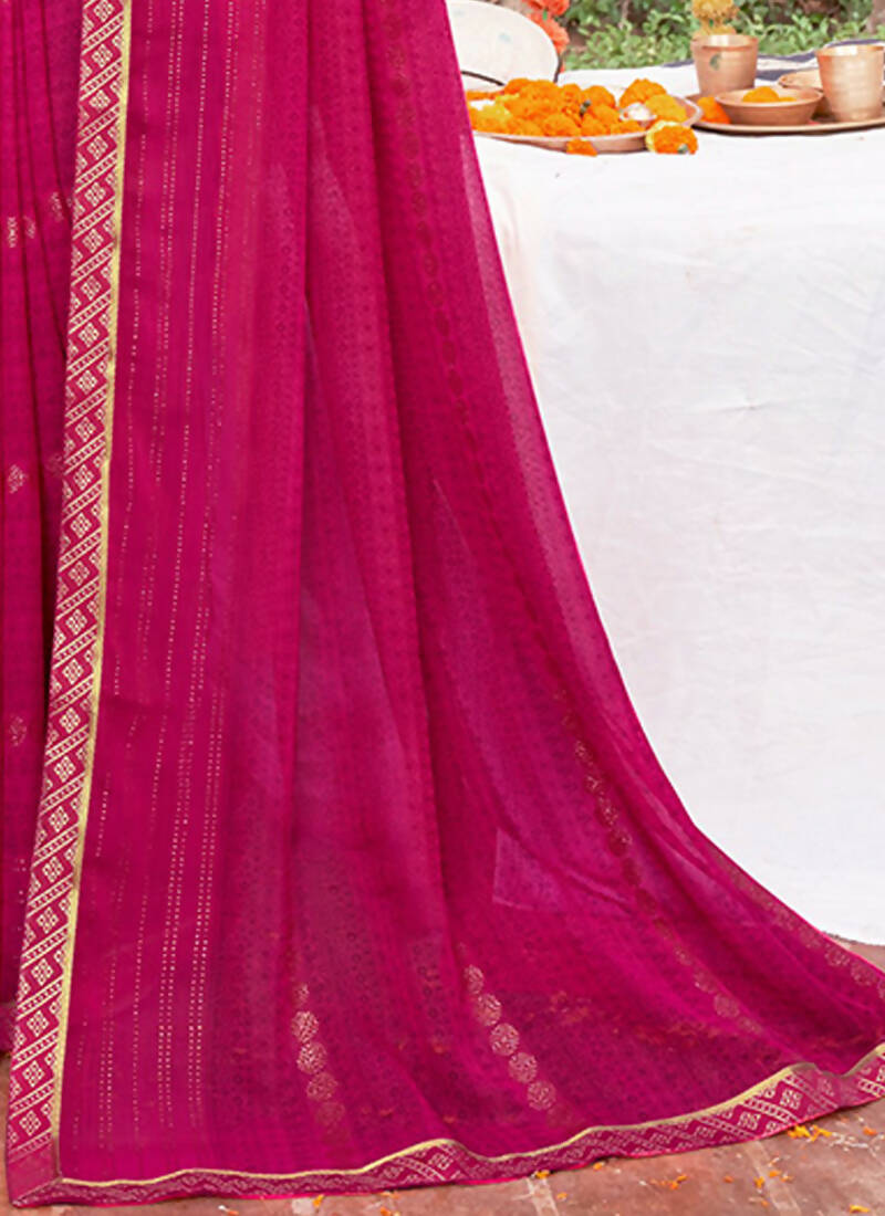 Pink Georgette Foil Printed Saree with Unstitched Blouse Piece - Avika | Grocsy