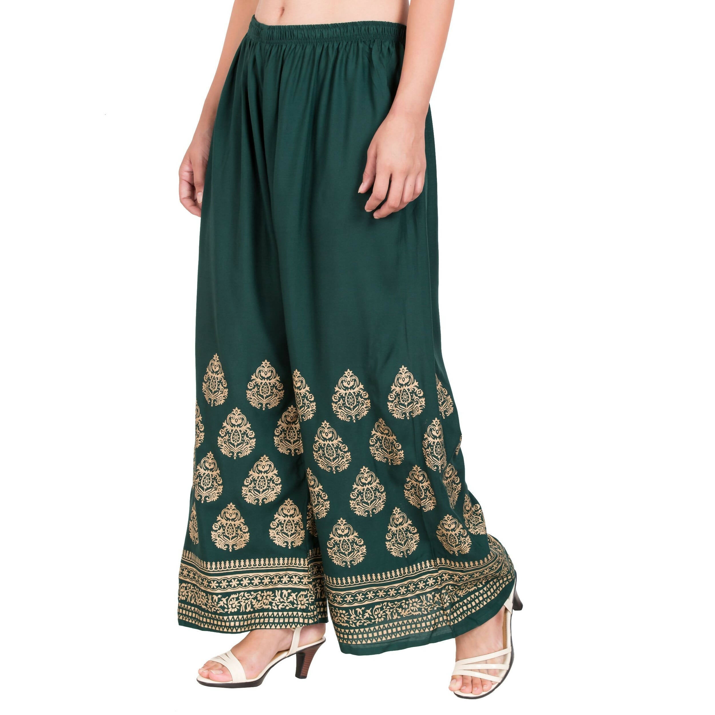 PAVONINE Bottle Green Color Golden Printed Rayon Fabric Sharara For Women & Girls | Grocsy
