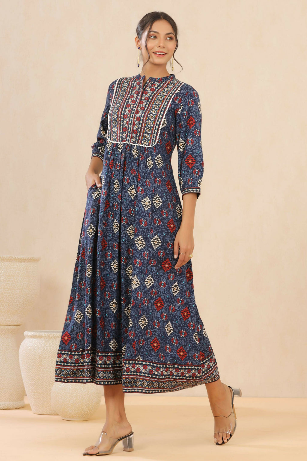 Juniper Indigo Floral Printed Rayon Maxi dress with Lace Work | Grocsy