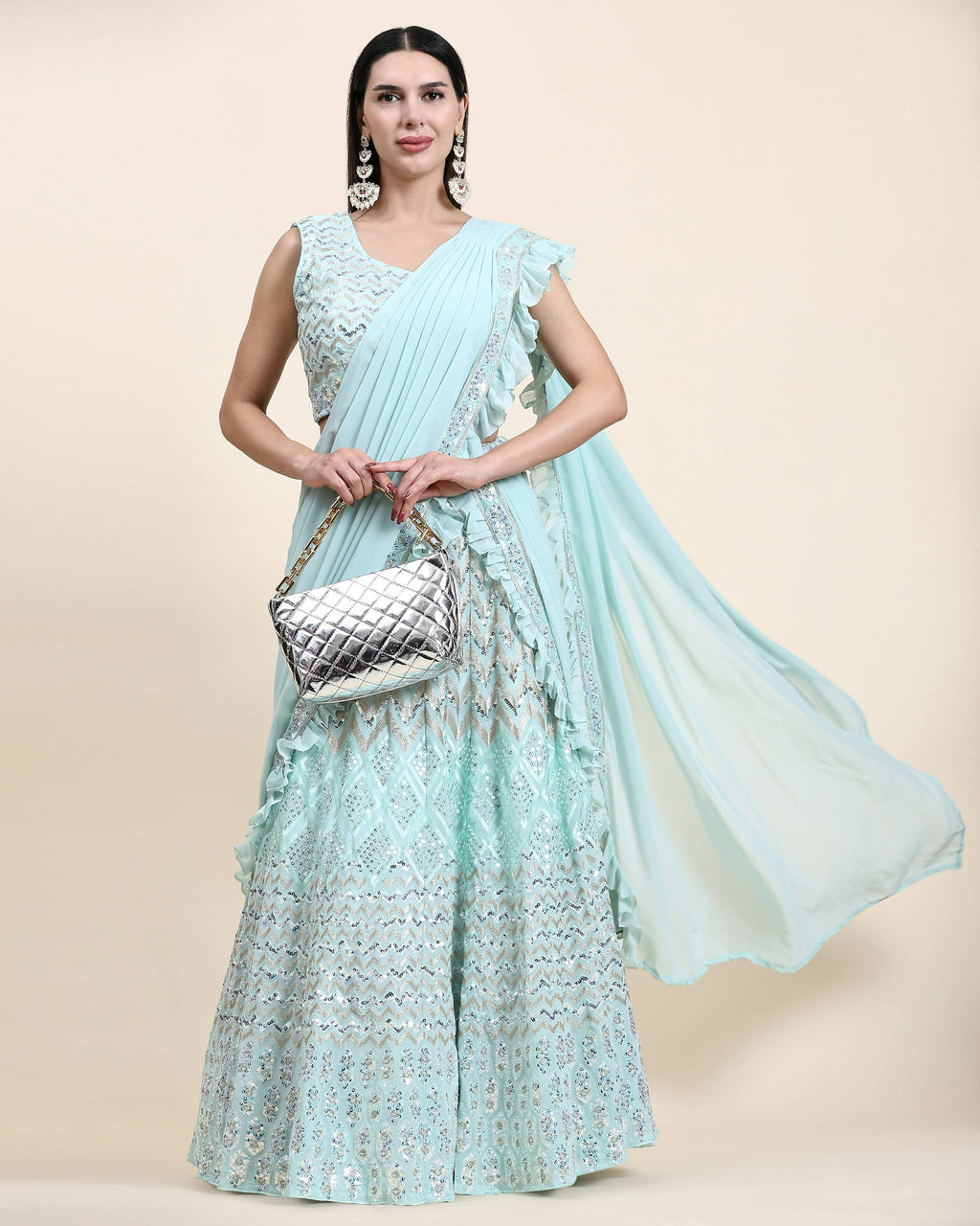 Sky Blue Pure Viscose Georgette Thread With Sequins Embroidery Work Lehenga Choli With Dupatta - Tanya | Grocsy