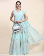 Sky Blue Pure Viscose Georgette Thread With Sequins Embroidery Work Lehenga Choli With Dupatta - Tanya | Grocsy