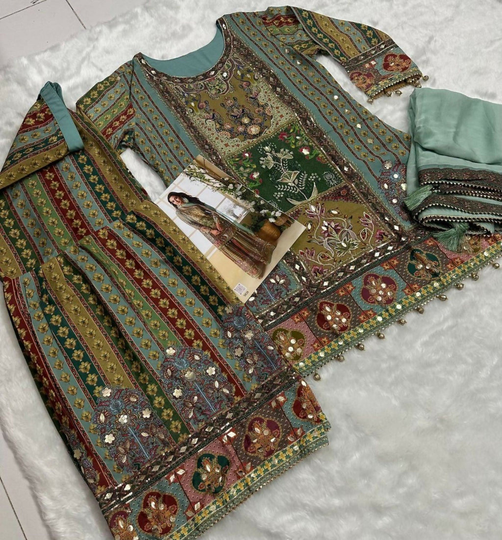 Anaita Sea Green Heavy Crepe Silk Ready Made Suit with Multi Digital Printed & Aari Work | Grocsy