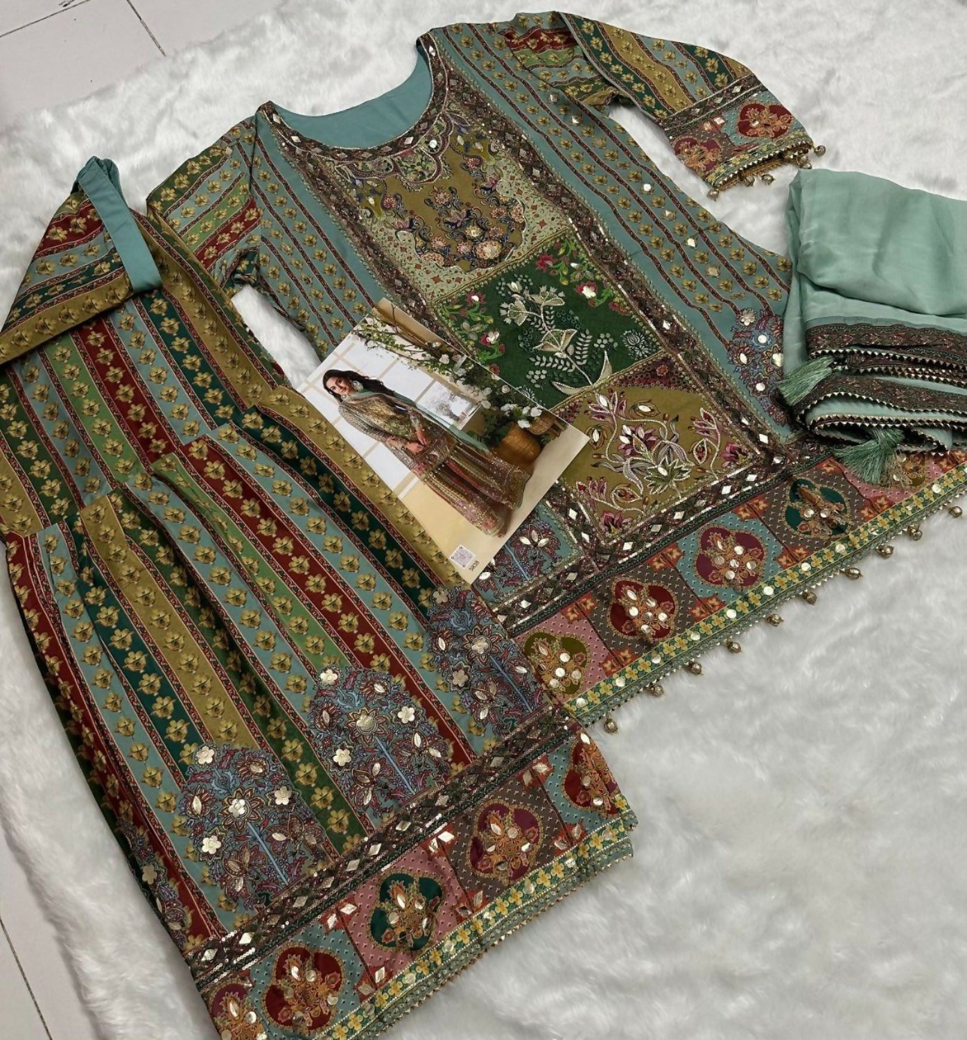 Anaita Sea Green Heavy Crepe Silk Ready Made Suit with Multi Digital Printed & Aari Work | Grocsy