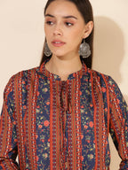 Janasya Women's Blue Crepe Digital Floral Printed Festive A-line Co-ords | Grocsy