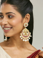 Nuyug 22K Gold-Plated Elegant Ruby & Kundan Stone Studded With Pearl Beaded Floral Chandbalis | Grocsy