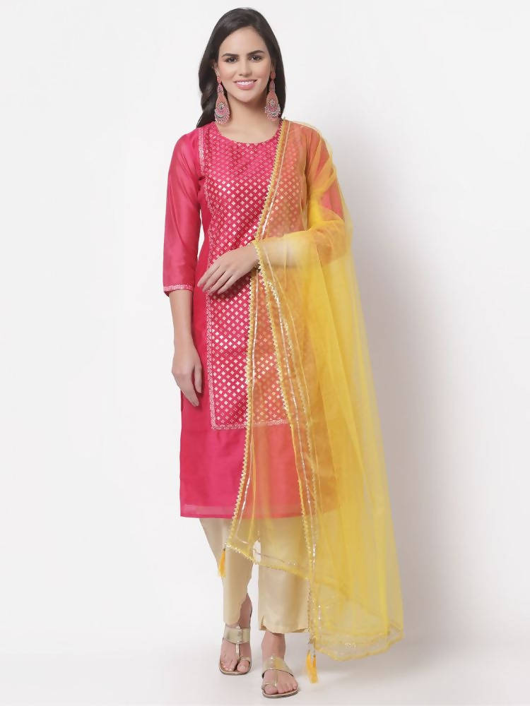 Myshka Women's Cotton Printed 3/4 Sleeve Round Neck Casual Dark Pink Kurta Pant Dupatta Set | Grocsy