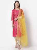Myshka Women's Cotton Printed 3/4 Sleeve Round Neck Casual Dark Pink Kurta Pant Dupatta Set | Grocsy