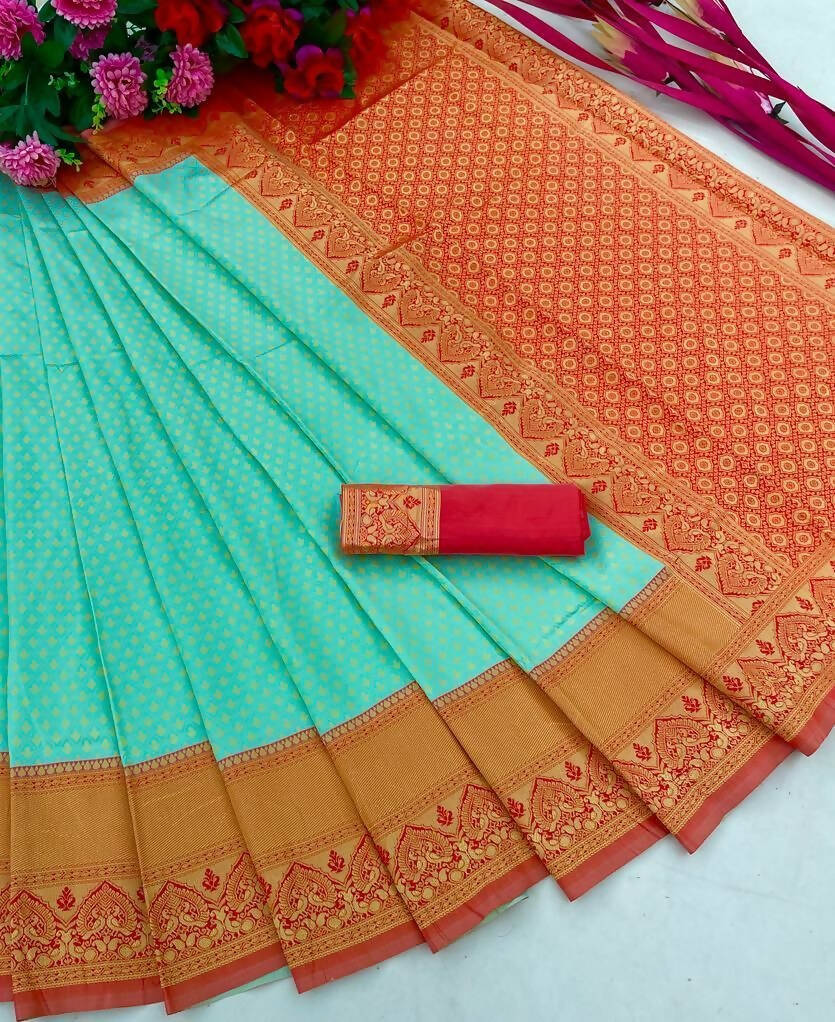 DEIANA'S Beautiful Designer Golden zari Soft Lichi Silk Saree - Sky | Grocsy