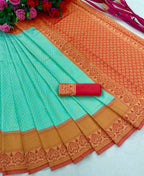 DEIANA'S Beautiful Designer Golden zari Soft Lichi Silk Saree - Sky | Grocsy