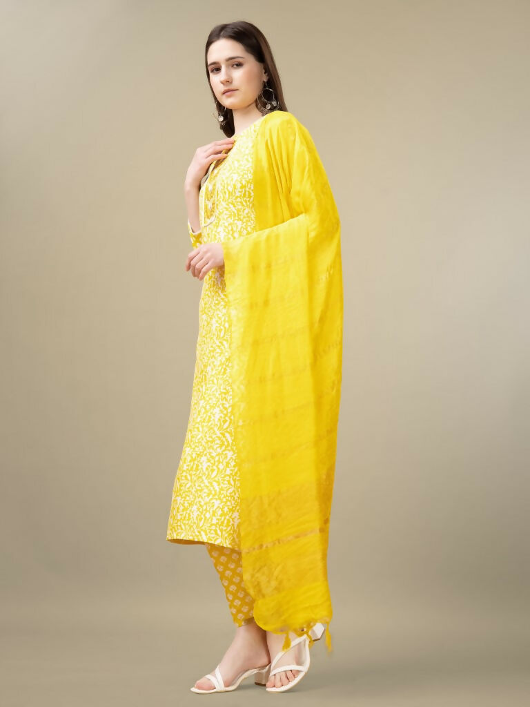 Jyoti Fashion Women's Yellow Rayon Embroidery & Sequence work Kurta with Trouser & Dupatta | Grocsy