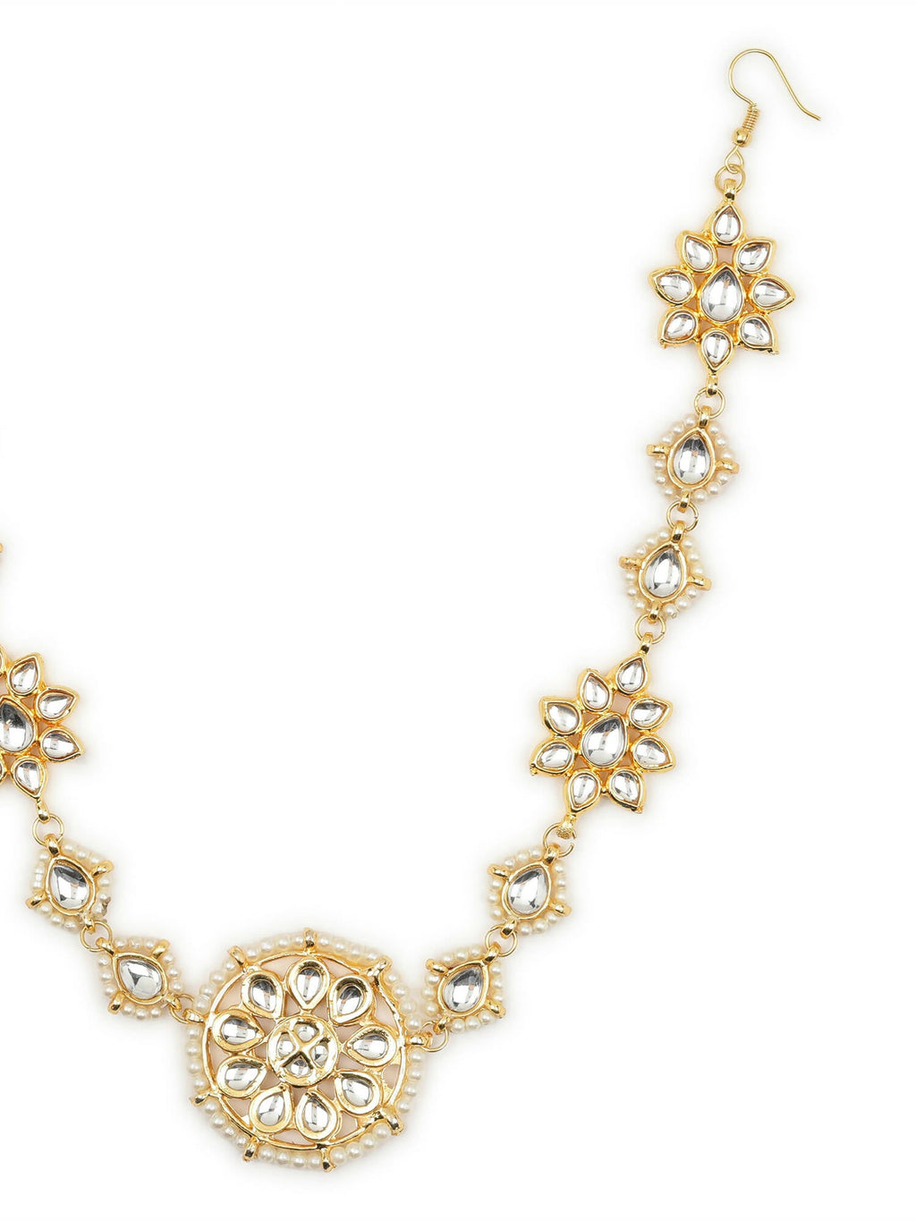 Gold-Polished White Kundan-Studded Pearl Beaded Hair Band - Ruby Raang | Grocsy