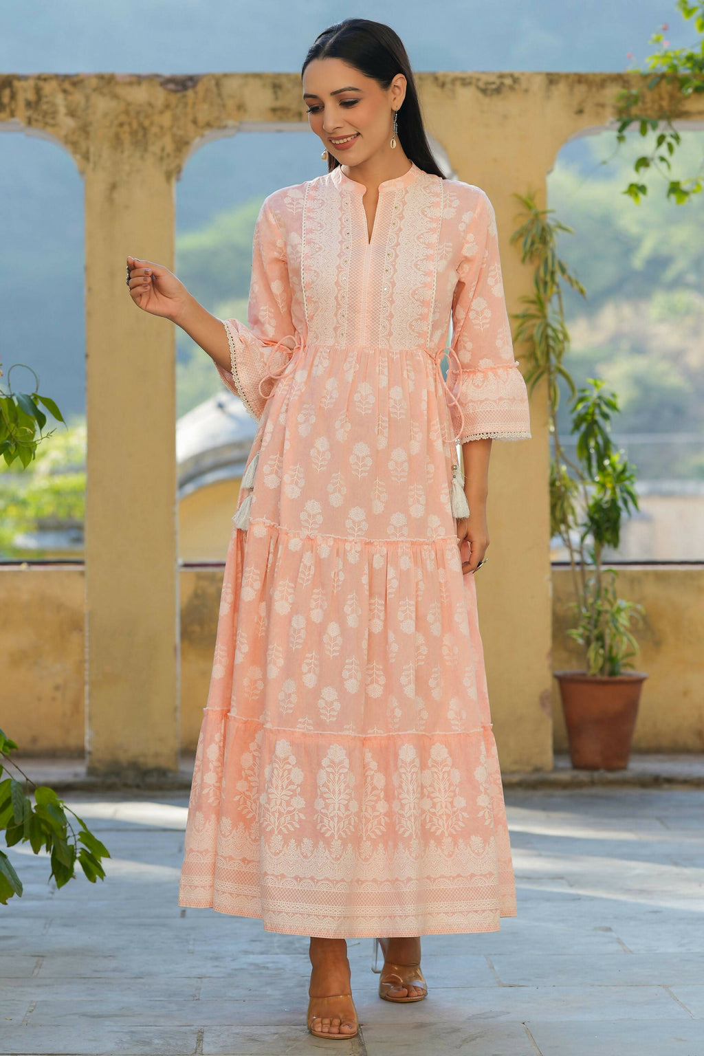 Juniper Women's Peach Cambric Floral Printed Maxi Tiered Dress | Grocsy