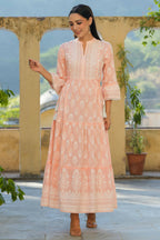 Juniper Women's Peach Cambric Floral Printed Maxi Tiered Dress | Grocsy