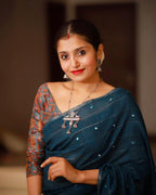 Blue Pure Linen Ethnic Motifs Saree with Unstitched Blouse - A2M | Grocsy