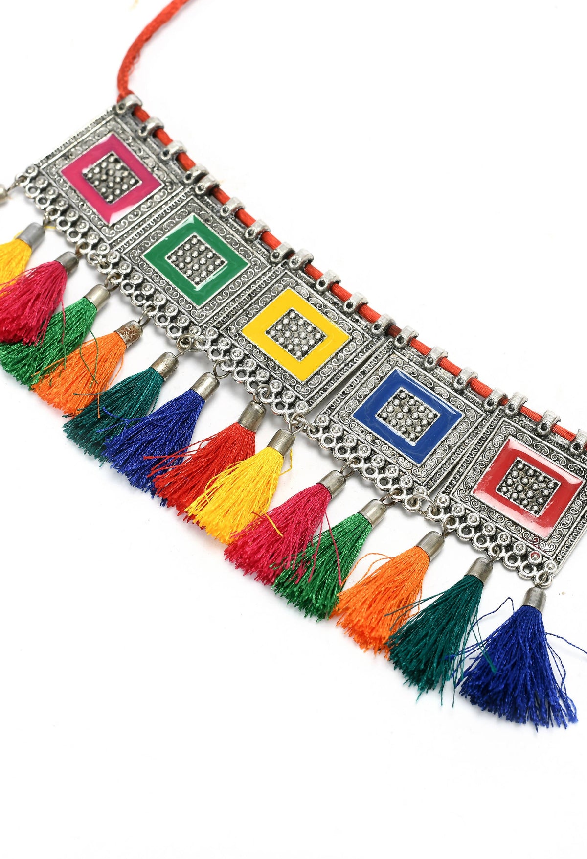 Mominos Fashion Johar Kamal Oxidised Silver-Plated Brass Finish Tassel Work Handicraft Choker For Women (Multi) | Grocsy