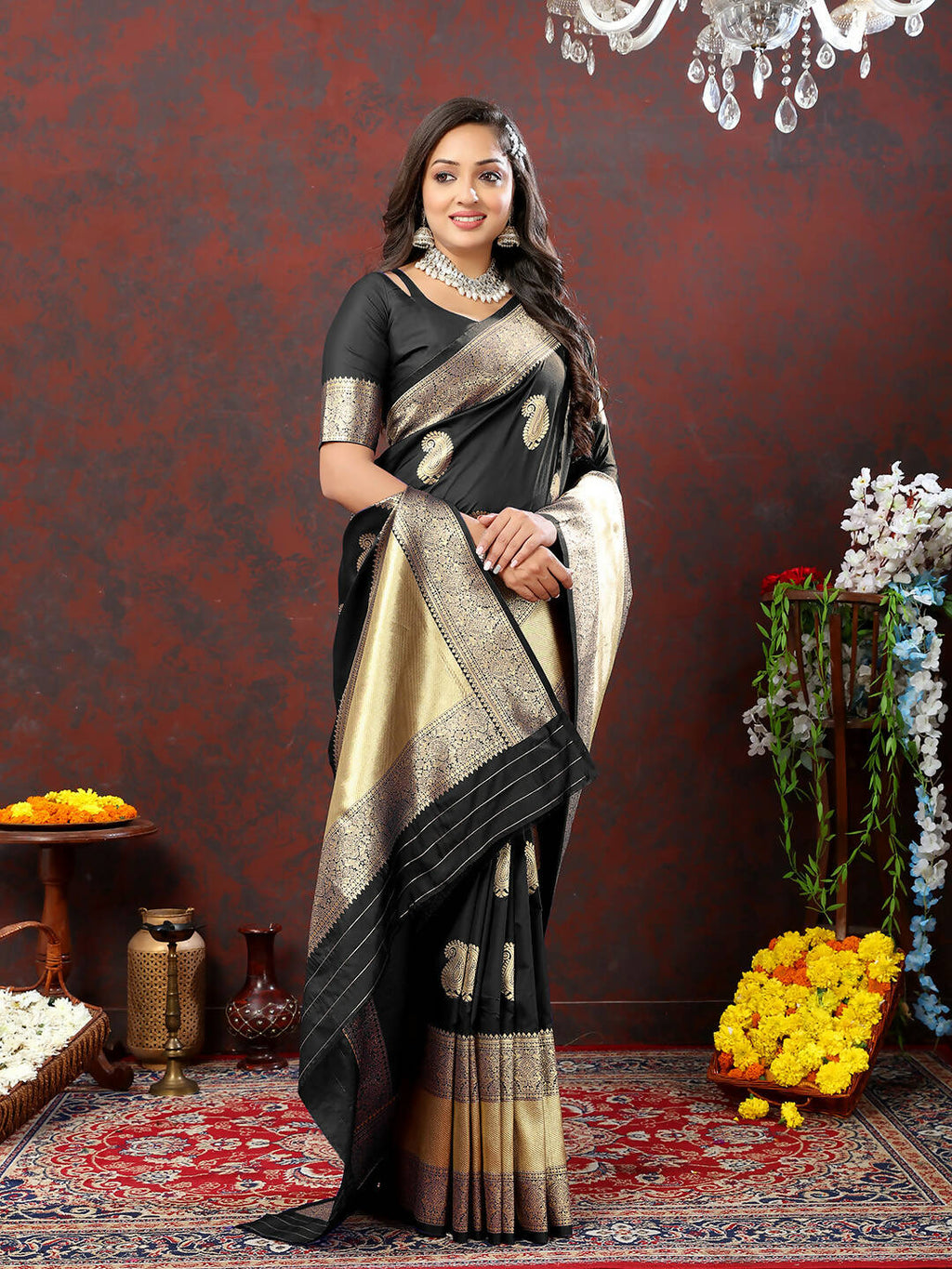 Lorenvalley Fashion Black Soft Silk Woven Design Gold Zari Weaving Saree | Grocsy