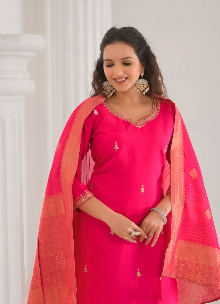 Ethnic Festive Wear Viscose Chanderi Pink Stitched Suit With Dupatta - Tanisha | Grocsy