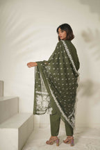 Miravan Women's Mehandi Pintucks Floral Pattern Cotton Straight Suit Set | Grocsy