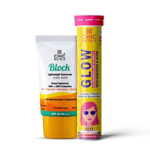 Chicnutrix Korean Skin Glow Protection Routine Combo - Chicnutrix Glow + Block Lightweight Sunscreen SPF 45 PA+++ | Grocsy