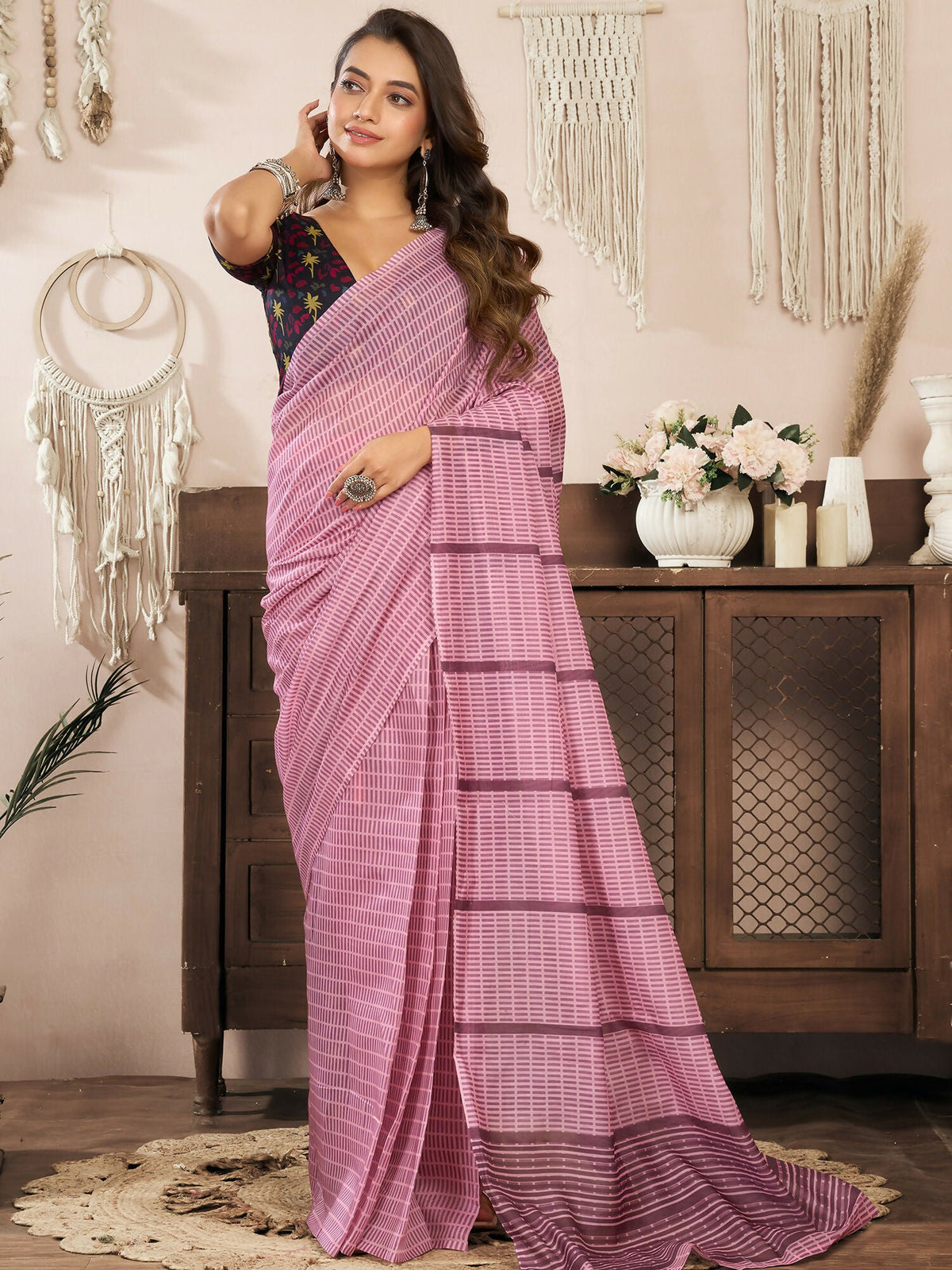 Joban Fashion Coral Pink Paisley & Geomatric Linen Ready To Wear Saree With Unstitched Blouse | Grocsy