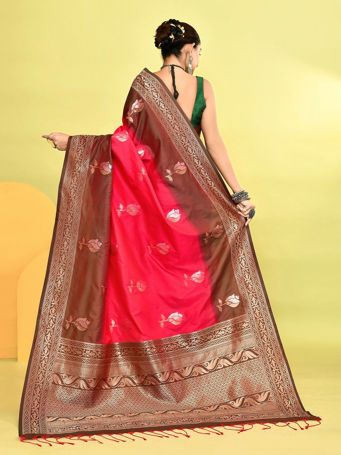 Joban Fashion Rani Pink & Bottle Green Plain With Weaving Border Banarasi Silk Sarees | Grocsy