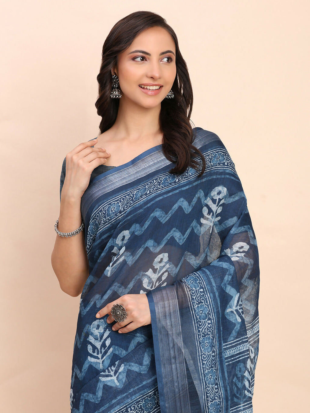 Shree Shyam Fashion Linen Cotton Indigo Blue Saree | Grocsy