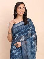 Shree Shyam Fashion Linen Cotton Indigo Blue Saree | Grocsy